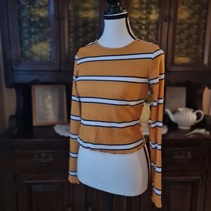 PS Basics Yellow Striped Long Sleeved Crop w/ Lettuce Hems size Small